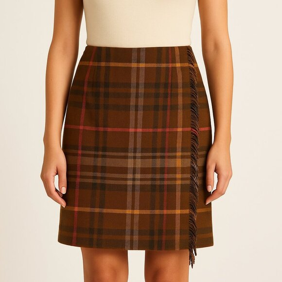 Chelsea Campbell 100% Wool Plaid Wrap Skirt Fringe Detail Brown Tartan Size 8P - Picture 1 of 5